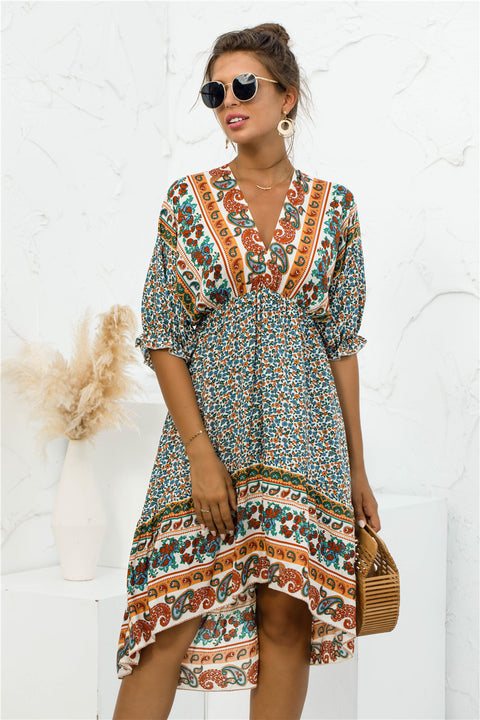 bohemian printed v-neck mini dress