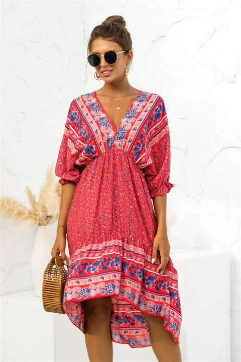 bohemian printed v-neck mini dress