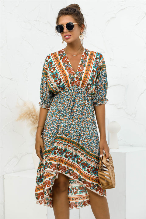 bohemian printed v-neck mini dress