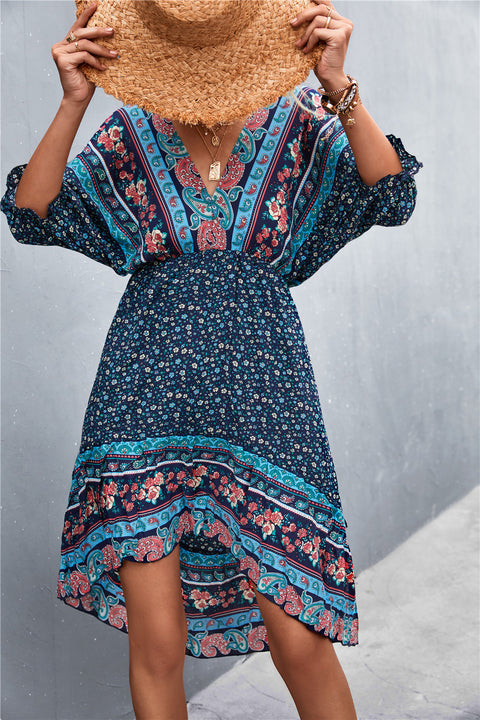 bohemian printed v-neck mini dress