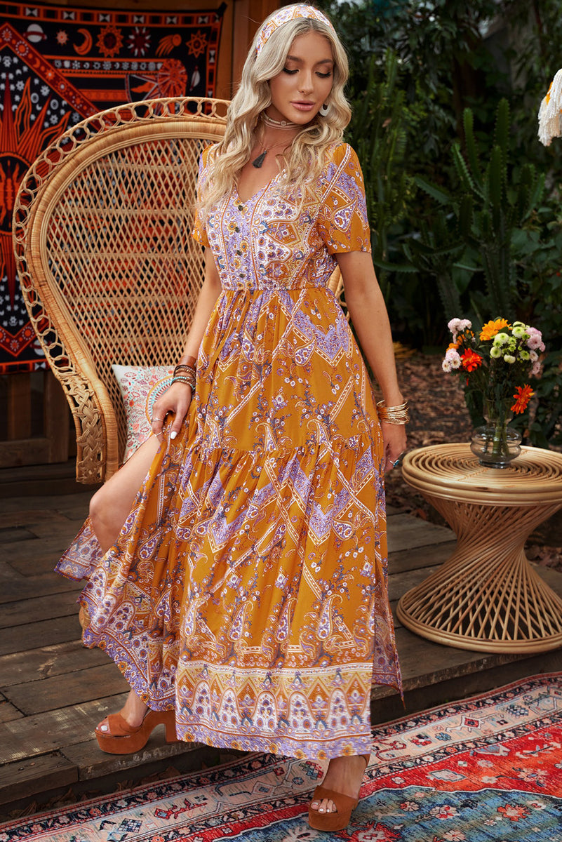 V-Neck Boho Maxi Dress with Side Slit– Elise Stories