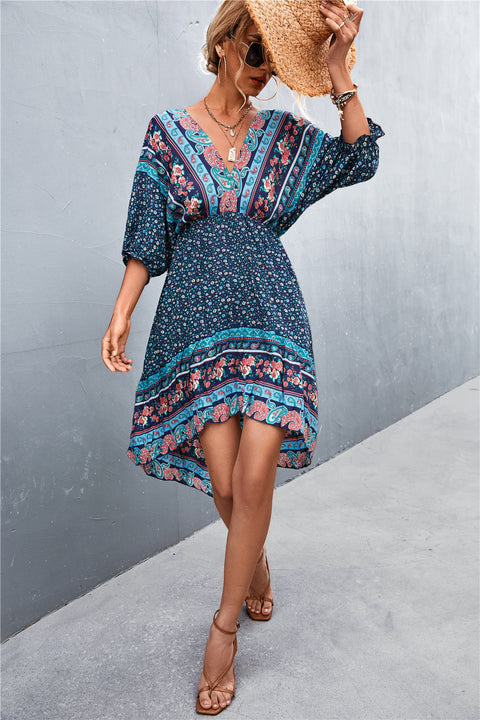 bohemian printed v-neck mini dress