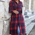 belted button down long plaid shirt