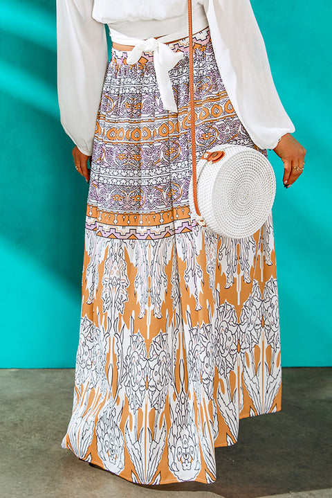 yellow printed a-line bohemian maxi skirt
