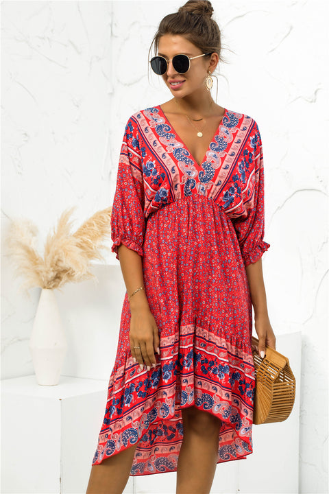 bohemian printed v-neck mini dress