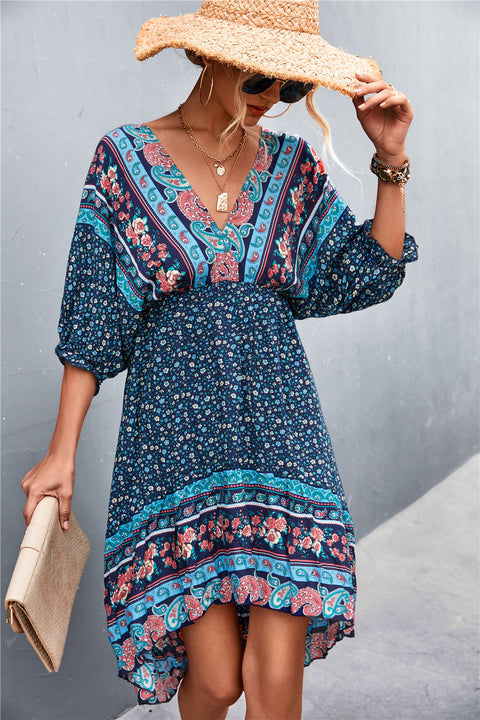 bohemian printed v-neck mini dress